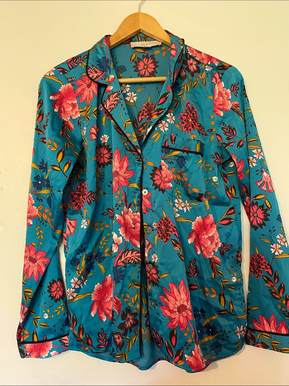 LOFT Teal Floral Button-Down “Pajama” Shirt with Pink Blooms